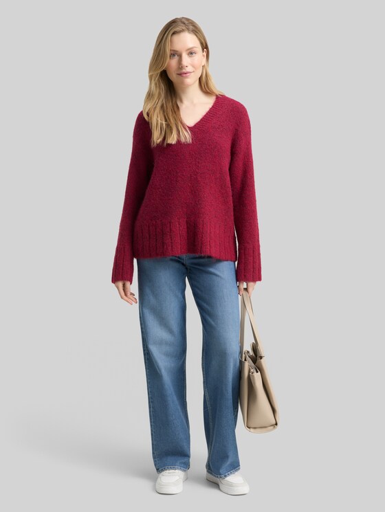 Oversized knitted jumper with wool content - rumba red melange