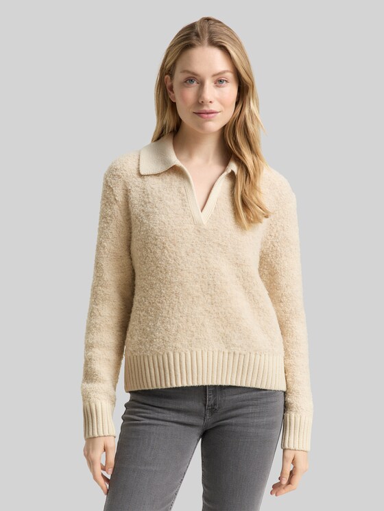 Bouclé knit jumper with collar - sand stone beige melange