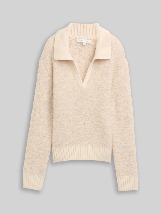 Bouclé knit jumper with collar - sand stone beige melange
