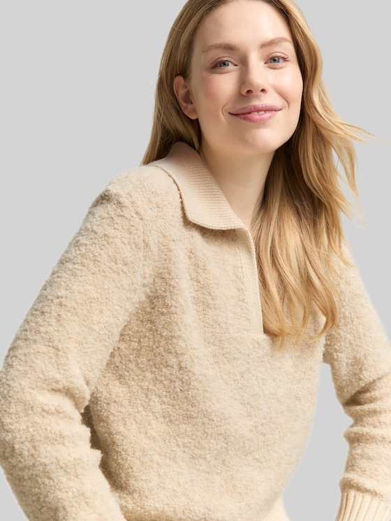 Bouclé knit jumper with collar - sand stone beige melange