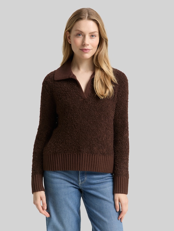 Bouclé knit jumper with collar - dark pecan brown melange