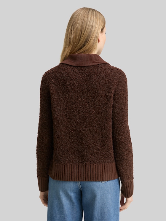 Bouclé knit jumper with collar - dark pecan brown melange