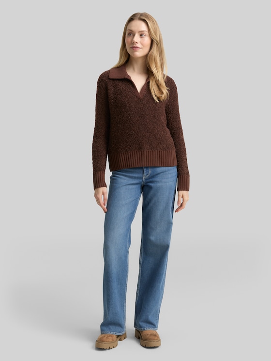 Bouclé knit jumper with collar - dark pecan brown melange
