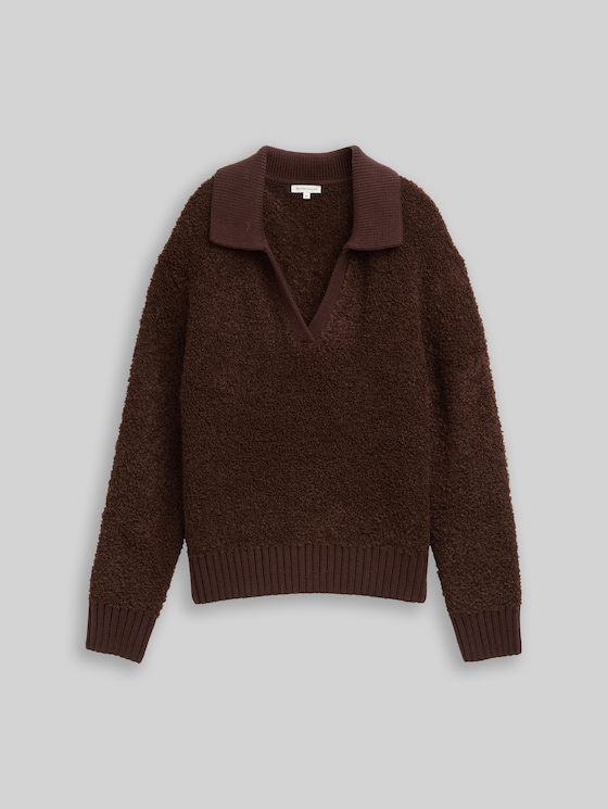 Bouclé knit jumper with collar - dark pecan brown melange