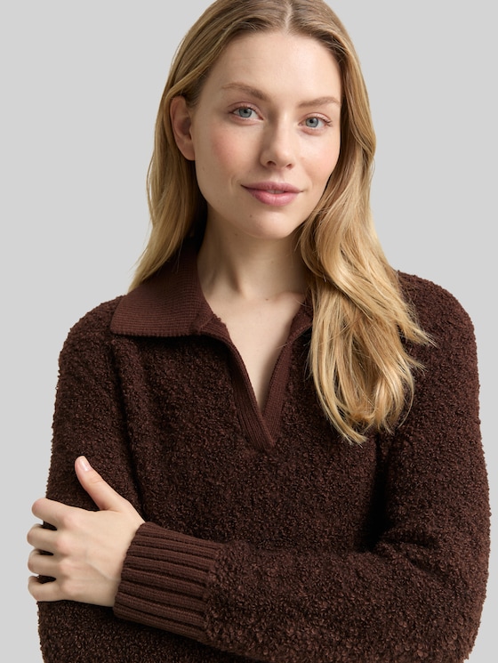 Bouclé knit jumper with collar - dark pecan brown melange