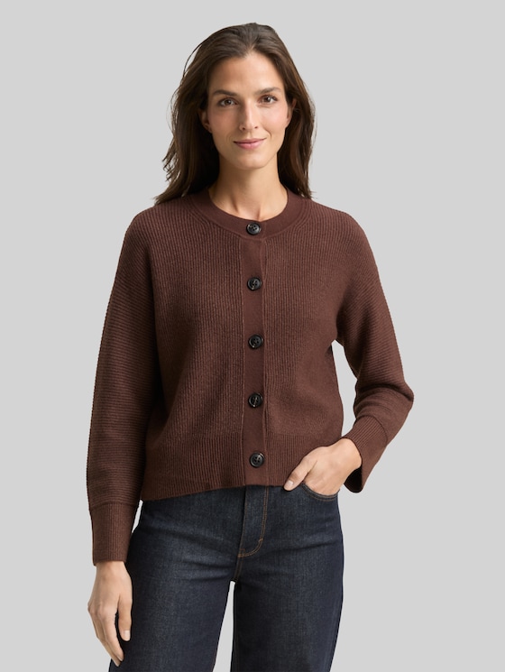 Oversized cardigan with round neckline - dark pecan brown melange