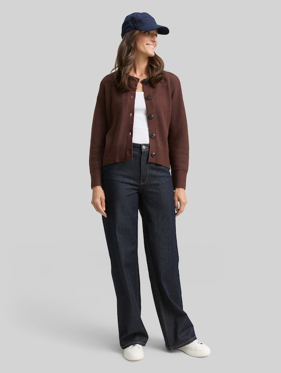 Oversized cardigan with round neckline - dark pecan brown melange
