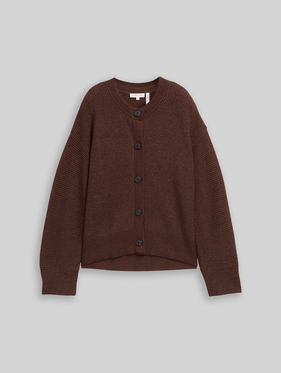 Oversized cardigan with round neckline - dark pecan brown melange