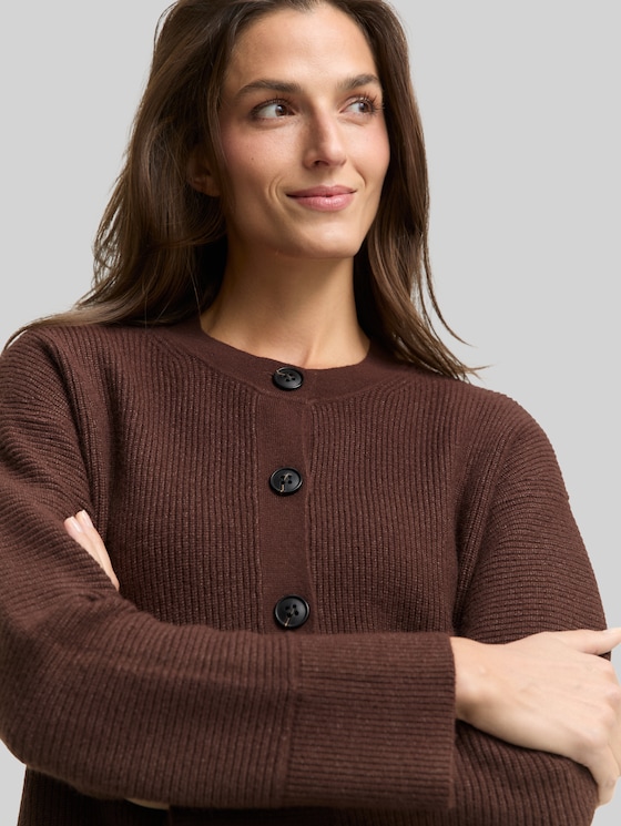 Oversized cardigan with round neckline - dark pecan brown melange