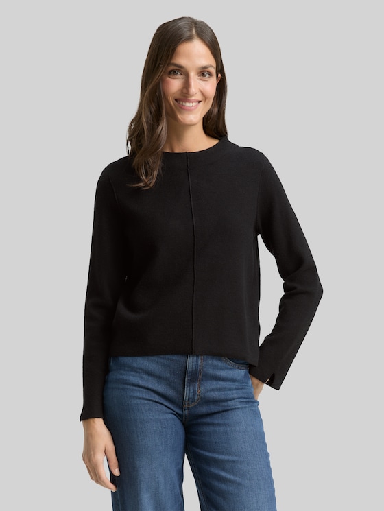 Cropped knitted jumper with stand-up collar - deep black