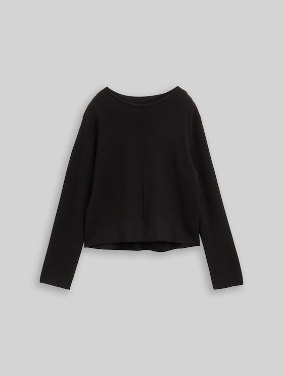 Cropped knitted jumper with stand-up collar - deep black
