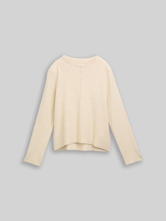 Cropped knitted jumper with stand-up collar - sand stone beige melange