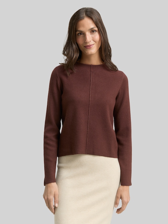 Cropped knitted jumper with stand-up collar - dark pecan brown melange