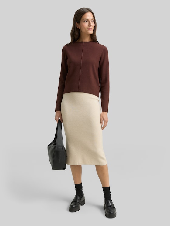 Cropped knitted jumper with stand-up collar - dark pecan brown melange