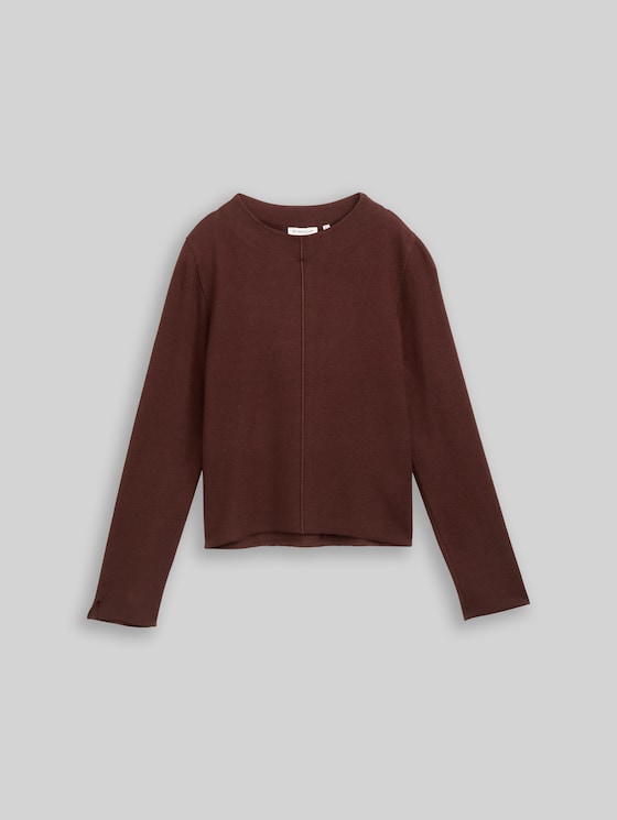 Cropped knitted jumper with stand-up collar - dark pecan brown melange
