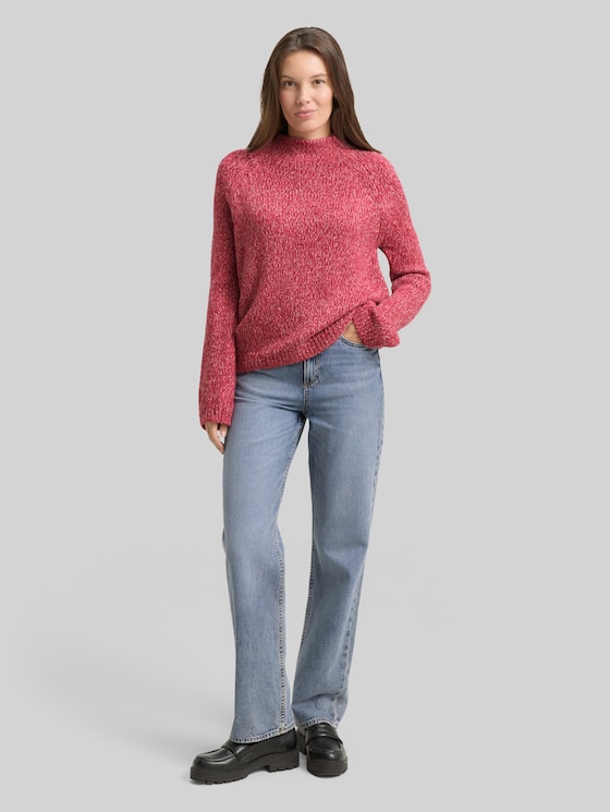 Loose-fit knitted jumper with wool blend - pink berry mouline