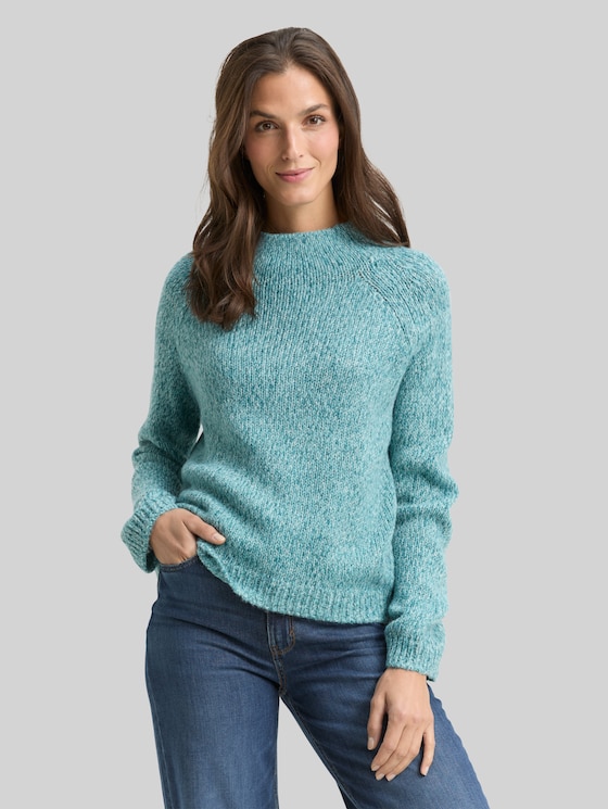 Loose-fit knitted jumper with wool blend - teal white mouline