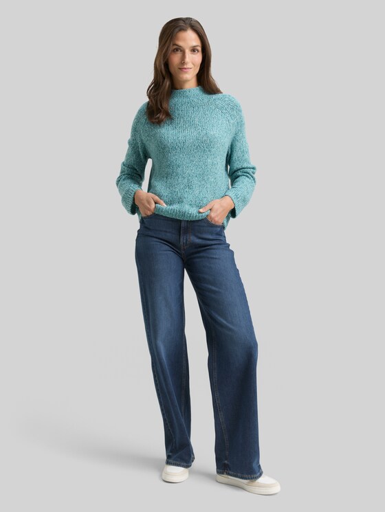 Loose-fit knitted jumper with wool blend - teal white mouline