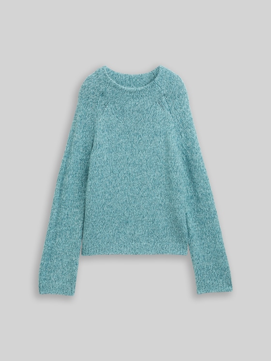 Loose-fit knitted jumper with wool blend - teal white mouline
