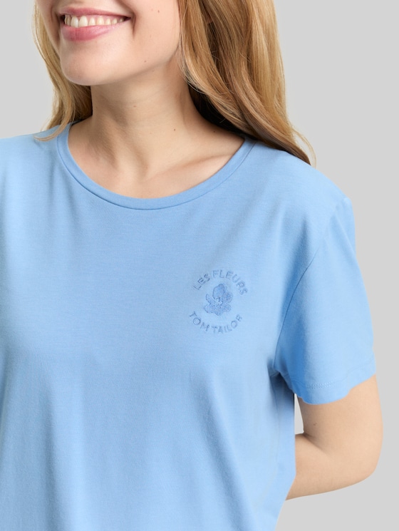 T-shirt with floral embroidery - light fjord blue