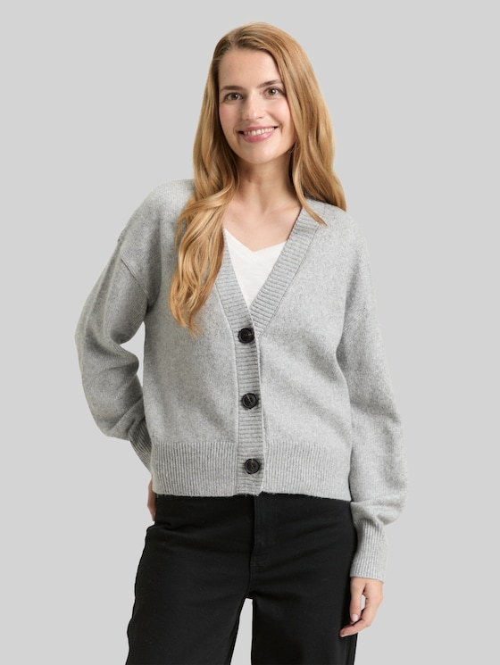 Loose fit cardigan with V-neck - medium silver grey melange