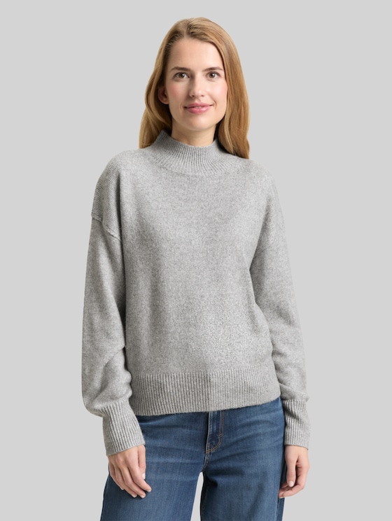 Oversized knitted jumper with stand-up collar - medium silver grey melange