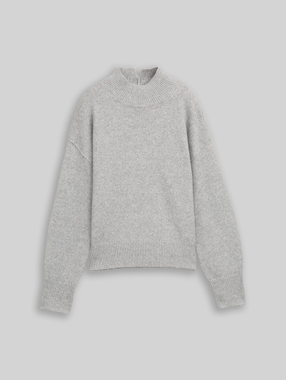 Oversized knitted jumper with stand-up collar - medium silver grey melange