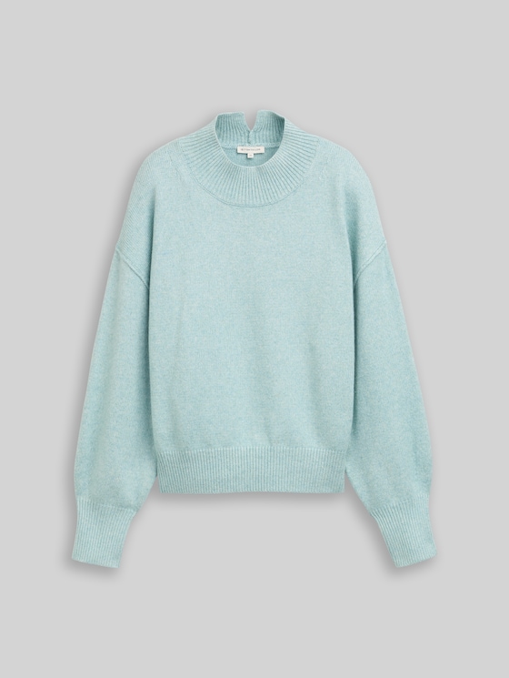Oversized knitted jumper with stand-up collar - white moss melange