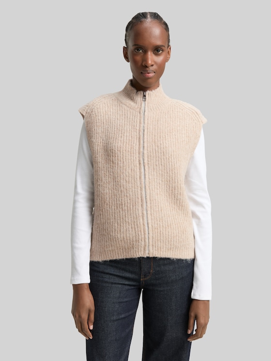 Sleeveless jumper with stand-up collar - cosy beige melange