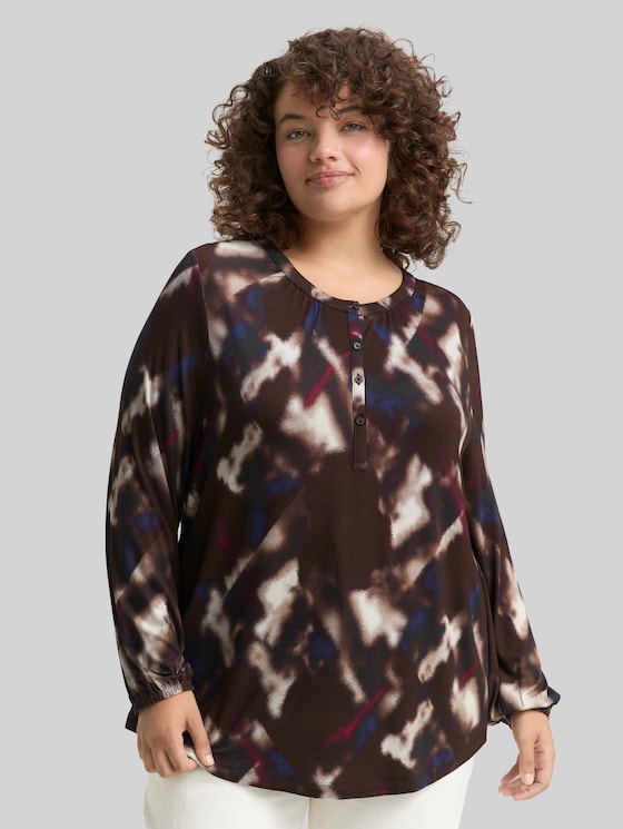 Plus Size - Patterned blouse shirt - brown blurry argyle