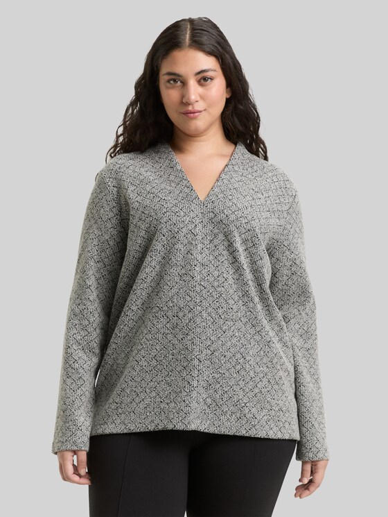 Plus Size - Sweatshirt with V-neck - black white argyle structure