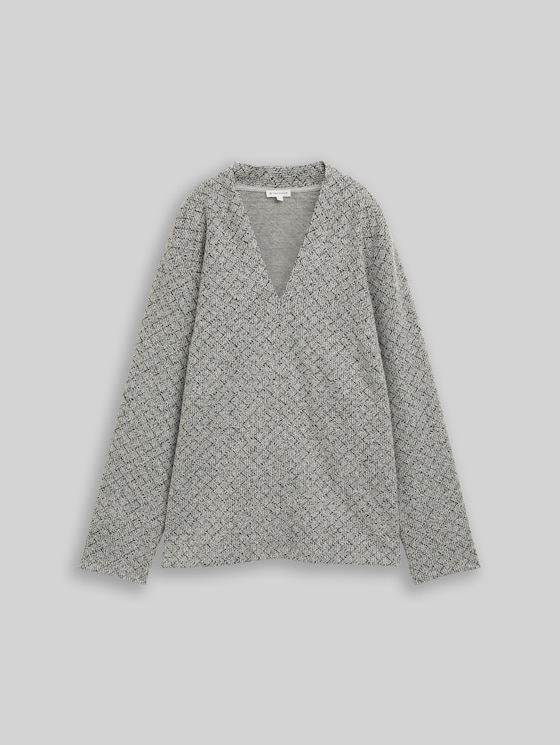 Plus Size - Sweatshirt with V-neck - black white argyle structure