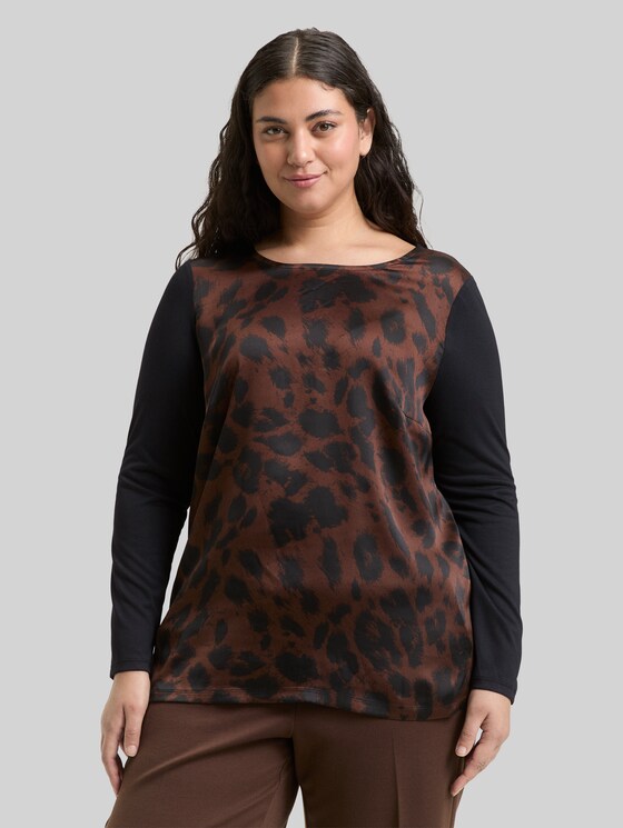 Plus Size - Loose fit long-sleeved shirt with leopard print - brown black big leo print