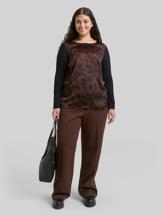 Plus Size - Loose fit long-sleeved shirt with leopard print - brown black big leo print