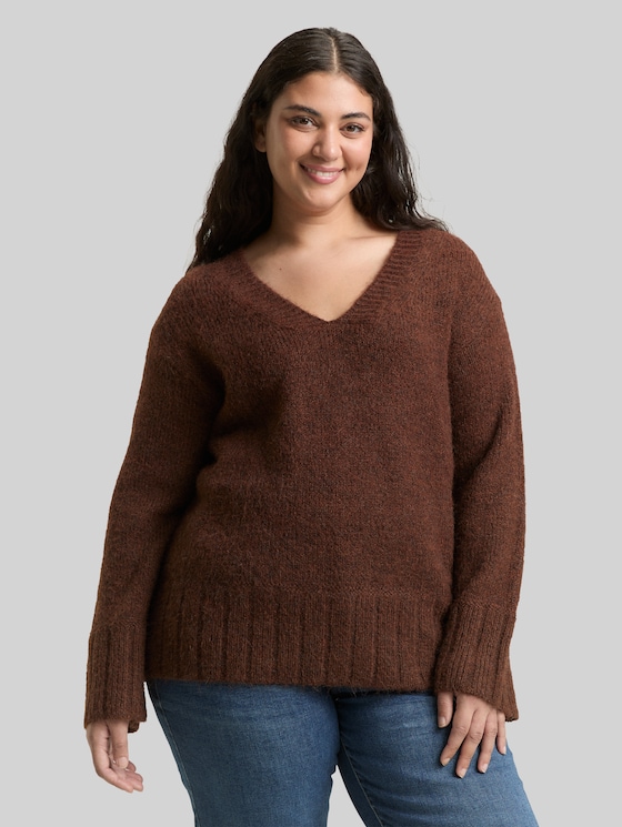Plus Size - Loose fit knitted jumper with wool content - dark pecan brown melange