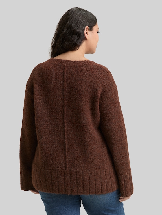 Plus Size - Loose fit knitted jumper with wool content - dark pecan brown melange