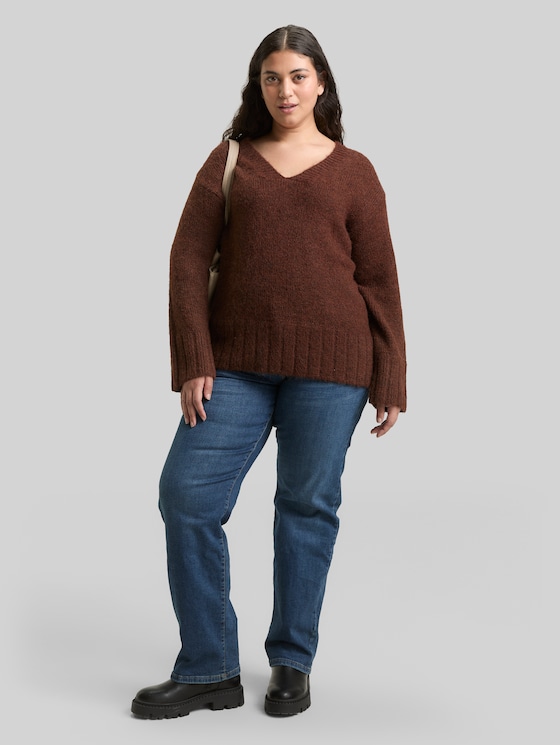 Plus Size - Loose fit knitted jumper with wool content - dark pecan brown melange