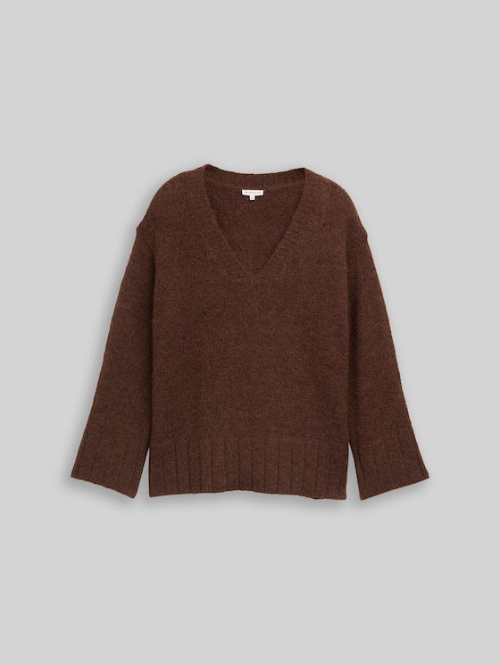 Plus Size - Loose fit knitted jumper with wool content - dark pecan brown melange