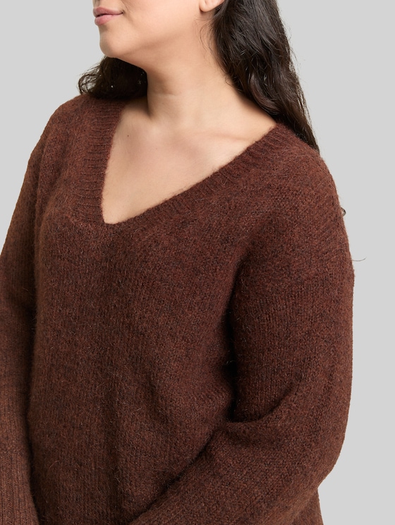Plus Size - Loose fit knitted jumper with wool content - dark pecan brown melange