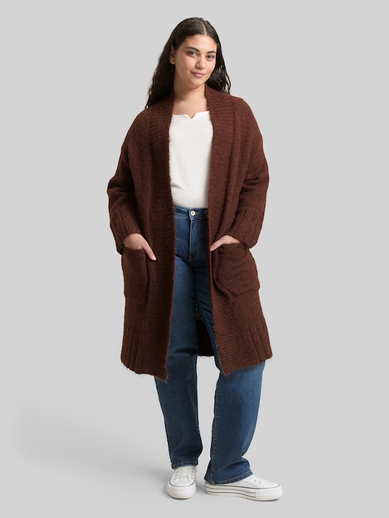 Plus Size - Oversized cardigan with wool content - dark pecan brown melange