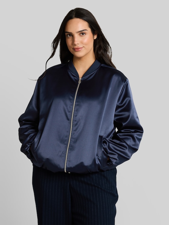 Plus Size - satin blouson jacket with bomber collar - sky captain blue