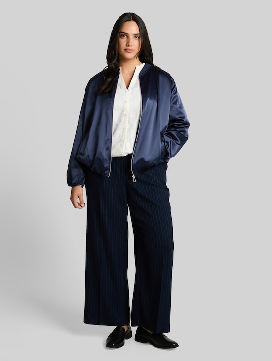 Plus Size - satin blouson jacket with bomber collar - sky captain blue