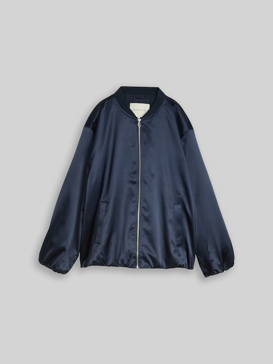 Plus Size - satin blouson jacket with bomber collar - sky captain blue