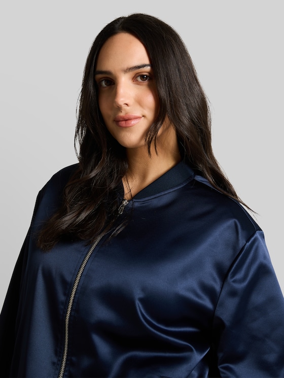 Plus Size - satin blouson jacket with bomber collar - sky captain blue