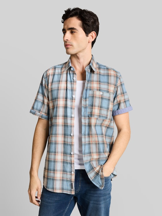Regular fit short sleeve shirt with checked pattern - blue multicolor check
