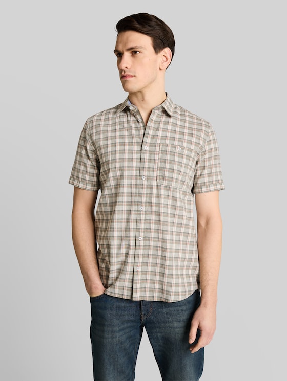 Regular fit short sleeve shirt with checked pattern - green white check