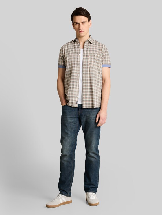 Regular fit short sleeve shirt with checked pattern - green white check