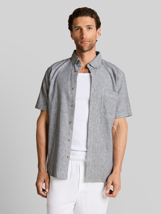 Regular fit short-sleeved shirt with linen blend - navy white small stripe