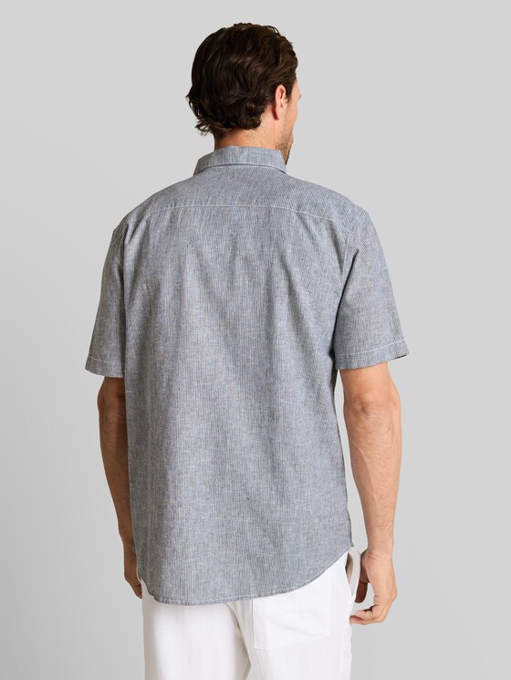 Regular fit short-sleeved shirt with linen blend - navy white small stripe