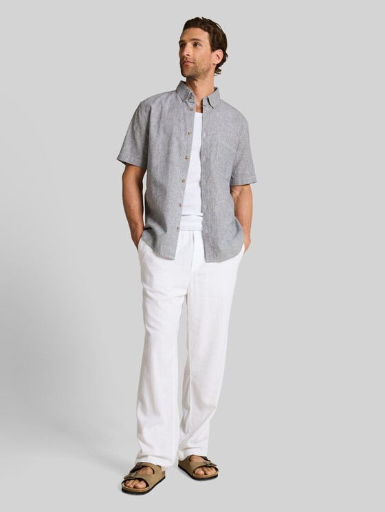 Regular fit short-sleeved shirt with linen blend - navy white small stripe
